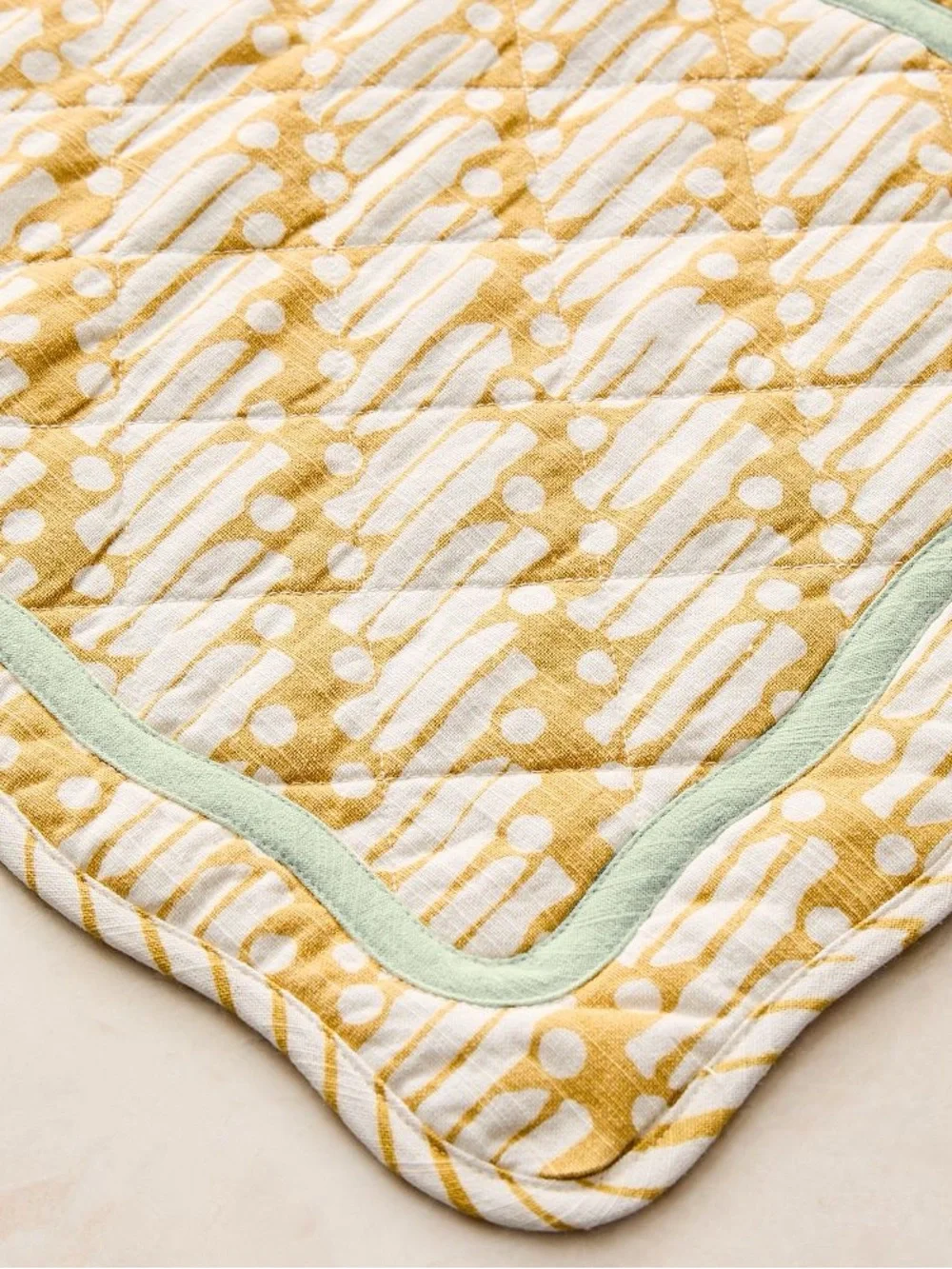 WEST ELM x RHODE 6 pc Batik Cotton Placemats Cottagecore Yellow Green Scalloped